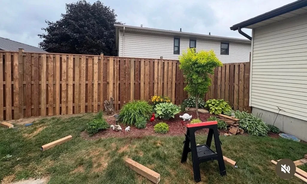 Landscaped garden bed with privacy fence and plantings